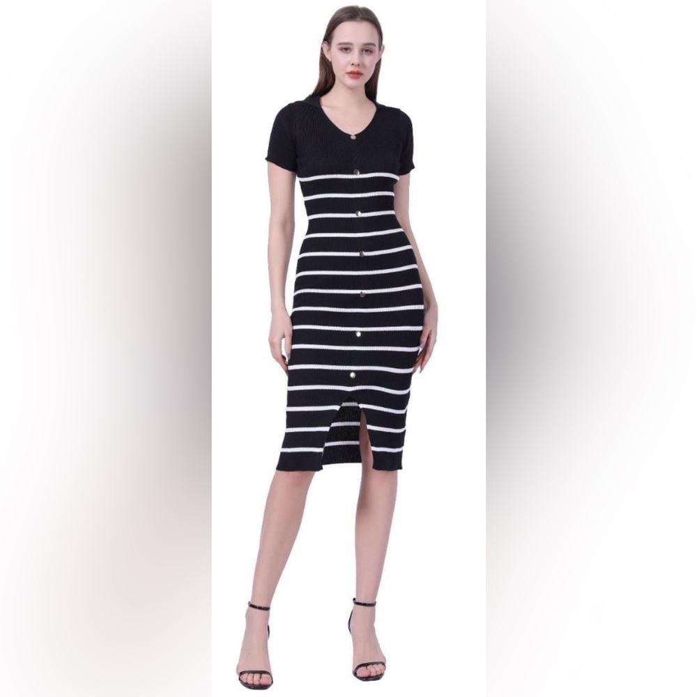 NEW Striped Knit Dress Faux Button-Down NWT Multiple Colors Available - Picture 2 of 4